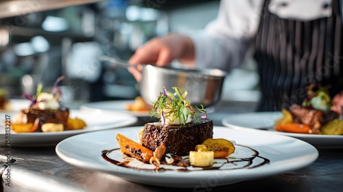 Chef plating gourmet dish with artistic food styling in restaurant kitchen