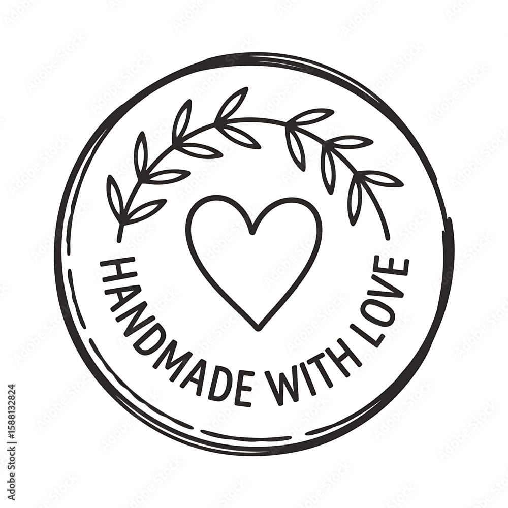 Handmade with love circular stamp design featuring a heart and laurel wreath Handmade with love circular stamp design featuring a heart and laurel wreath