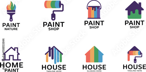 Eight colorful paint and house logo designs on a white background layout