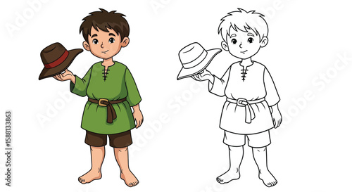 Upright Honest Village Boy Coloring Page with Both Colored and Outline Versions for Kids