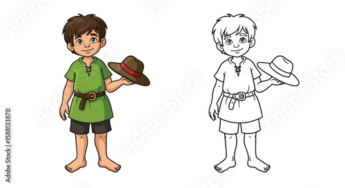 Virtuous Honest Village Boy Coloring Page Featuring Full Color and Sketch Outline Art