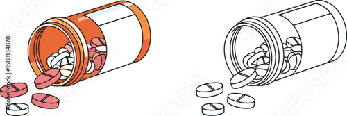 Spilled medicine bottle with pills in color and black and white drawing