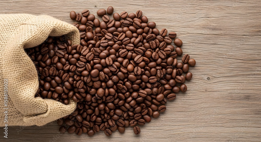 Fototapeta premium Rich Aroma Burlap Bag Overflowing with Roasted Coffee Beans on Rustic Wooden Surface - Aromatic Still Life