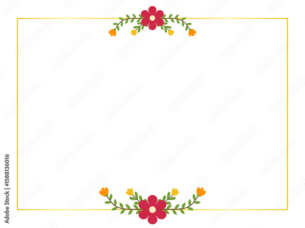 Fototapeta premium Flat Style Red Floral Ornament Frame with Leaves for Creative Stationery and Personalized Invitations
