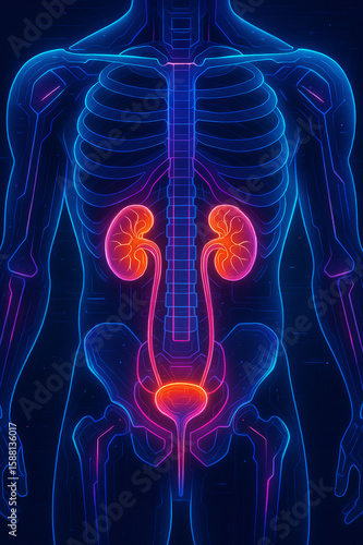 Glowing neon human anatomy skeleton with highlighted kidneys and urinary system