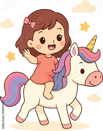 Cute Girl Riding a Unicorn Cartoon Illustration