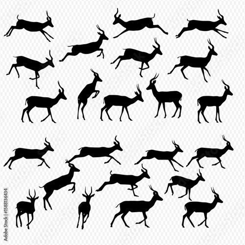 A collection of black silhouette illustrations depicting various antelope in different poses, running, standing, and leaping against a neutral background.