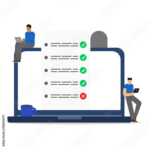 Business people filling online survey form on laptop. To do list or paper note. Online polling or online survey concept.