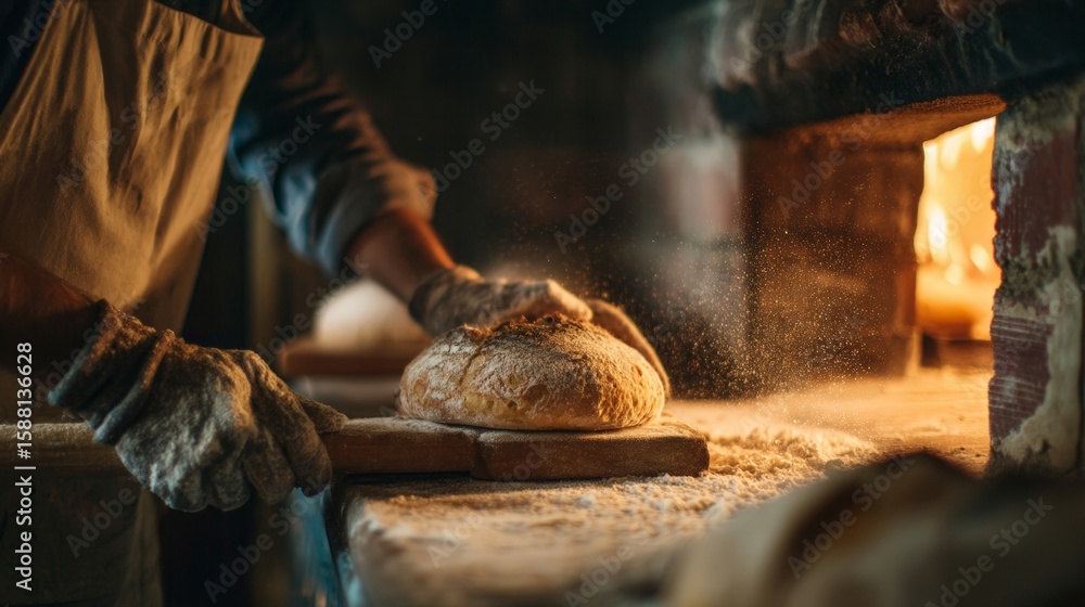Fototapeta premium Baker shaping fresh bread dough in rustic kitchen.