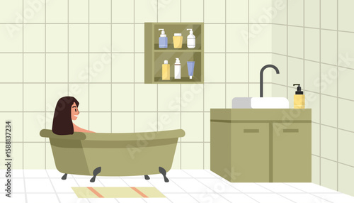 People take a bath. Girl enjoying relaxing home spa. Spa product. Bath product.