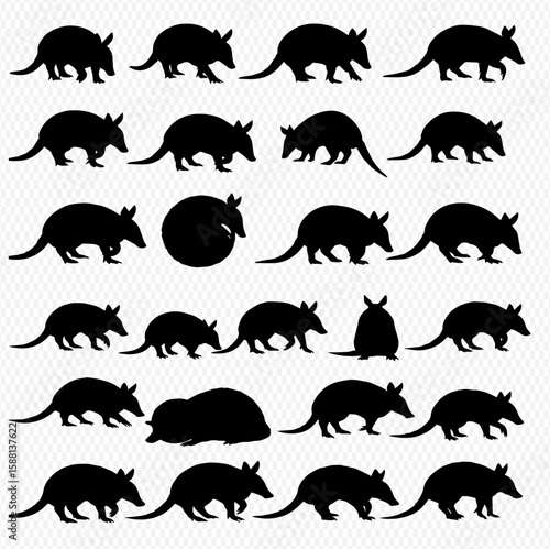 A collection of twenty-four armadillo silhouettes in various poses, including walking, standing, and curled up.