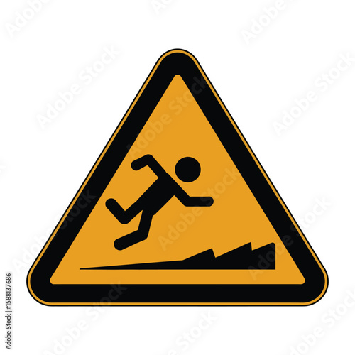 Warning sign for tripping hazard with a person falling down stairs