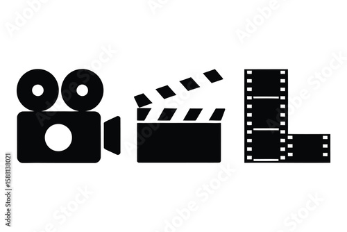 Vintage film camera clapperboard and film strip icons