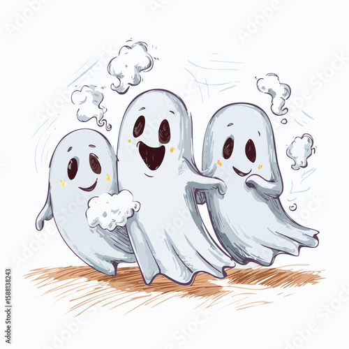 A group of funny ghosts having a fart contest, drawn with shaky crayon lines