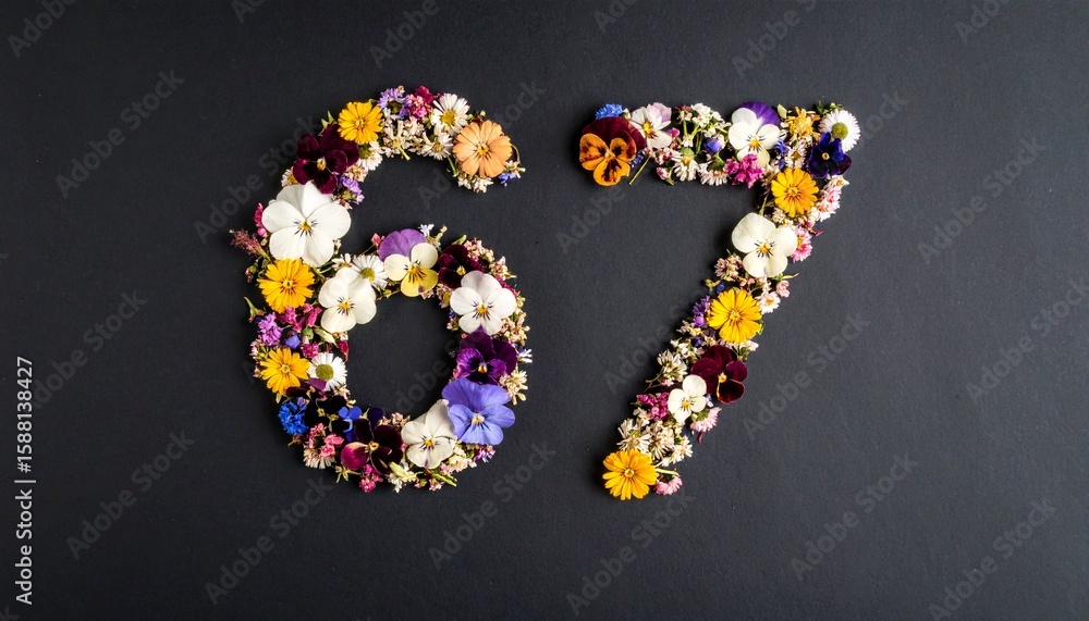 Number 67 made out of flowers with black background. Photo for 67th birthday or anniversary party Number 67 made out of flowers with black background. Photo for 67th birthday or anniversary party