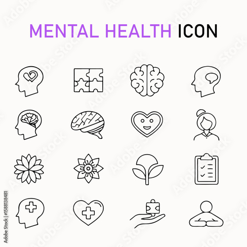Mental Health Icon Set Featuring Brains Heads Hearts Jigsaw Puzzles Checklist Flowers and a Meditating Person