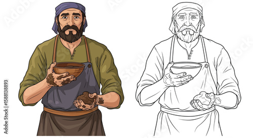 Artisan Humble Potter Character Coloring Page Featuring Full Color and Sketch Outline Art