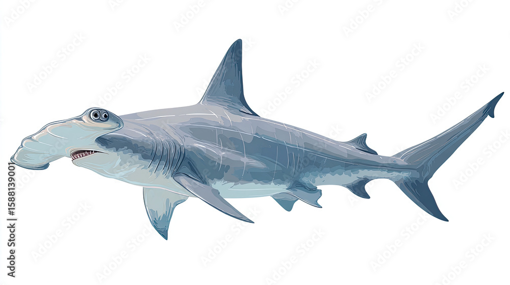 Fototapeta premium Illustration of a hammerhead shark swimming in the ocean with a white background and sharp teeth