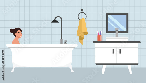 People character take a bath. Bathing time. Take a shower. Woman relax spa. Bathroom interior.