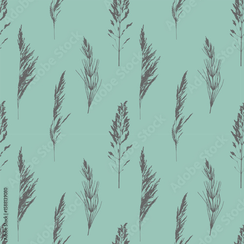 Pattern with cereal meadow grasses. Meadow bluegrass, Calamagrostis acutiflora. Dark silhouettes of twig prints on soft pastel background.