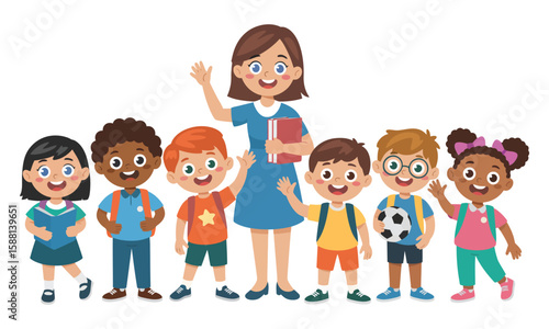 Happy Cute Kids Smiling with Teacher Group Illustration