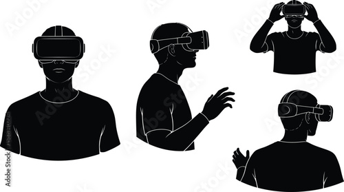 Vector art of a sleek silhouette illustration depicts a person using a vr headset, highlighting the immersive experience of virtual reality technology
