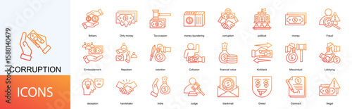 Corruption icon collection set. Containing political, money, Fraud, Embezzlement, Nepotism icon