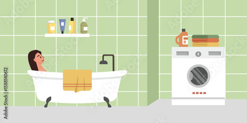 Apartment bathroom. Girl take a shower at apartment. Woman take a bath. Enjoying spa time.