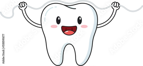 Happy cartoon tooth using dental floss for healthy dental hygiene