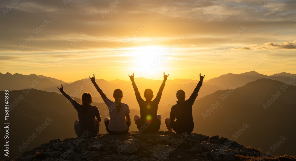 Fototapeta premium Friends silhouetted celebrating on mountain at golden sunset.