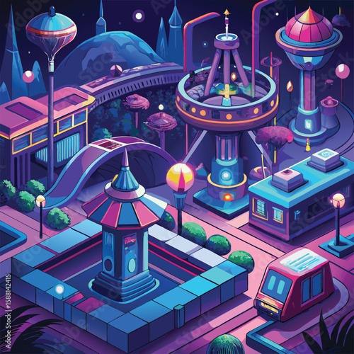 Futuristic Neon Park with AI Operated Rides Vector