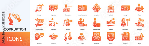 Corruption icon collection set. Containing political, money, Fraud, Embezzlement, Nepotism icon