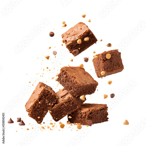 Brownies falling through the air with crumbs and chocolate chips scattered around isolated on white background or transparent background png cut out 77289887 1