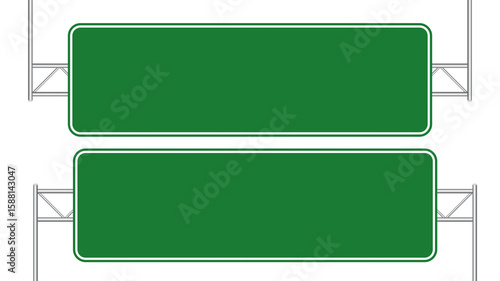 Blank Green Highway Sign: Two blank green highway signs, mounted on metal poles, offer a clean canvas for your message. Perfect for showcasing your brand or directing traffic. 