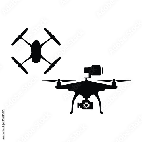 Two black silhouette drones one with camera and gimbal