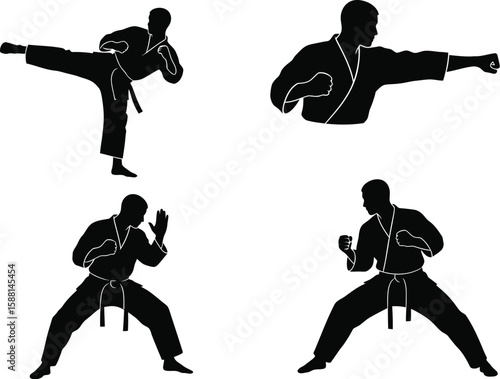 Vector art of silhouettes of a karate practitioner in various fighting stances and moves