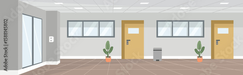 Office hallway. Company corridor. Corporate corridor. School hallway. Campus hall. Clinic corridor. Building. Facade.