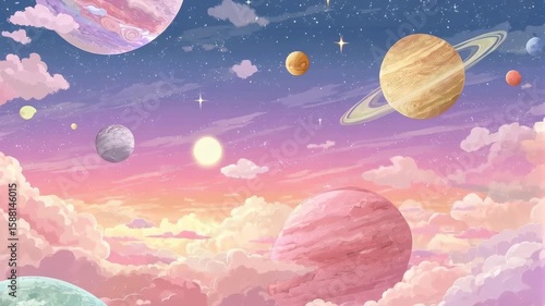 Colorful planets floating among soft clouds