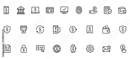 Online Banking Glyph Line Icons Pack – Finance & Digital Payment Symbols for Web, App, and UI Design