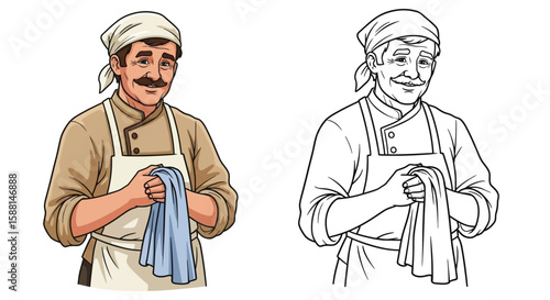 Generous Kind Baker from Village Fable Coloring Page with Colored and Outline Art Styles