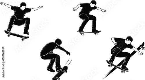 Vector art of a skateboarder is performing different stunts and tricks a skateboard