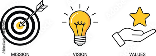 Concept illustrating business mission vision and values with targets, bulb and star