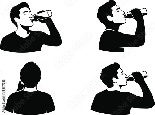 Vector art of a man is drinking water from a bottle in different poses