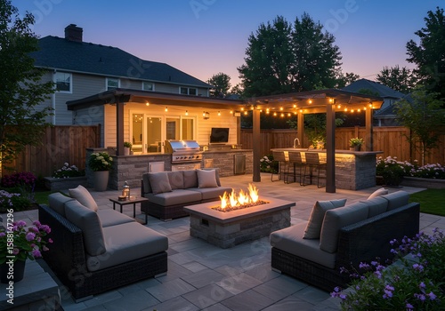 Expansive Backyard Patio with Outdoor Kitchen, Fire Pit and String Lights