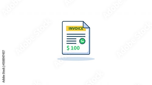 Invoice icon animation with payment amount and confirmation check, seamless looping icon for billing, accounting, and financial transaction visuals