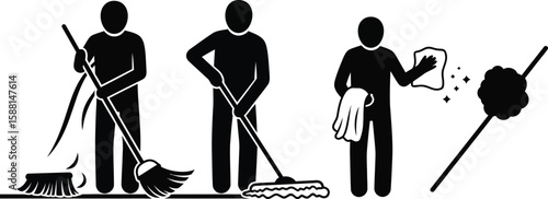 Vector art of a group of janitors are cleaning with a broom, mop, and duster, providing housekeeping services