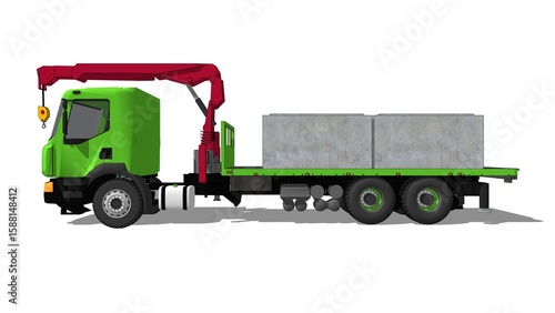 3D render of a green semi-truck with a 20-ton mounted red crane carrying two 200cm x 200cm x 120cm concrete box culverts, against a white set, illustrating heavy construction material transport