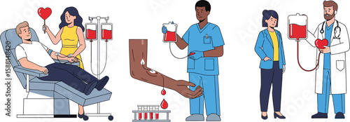 Blood donation scenes display medicine, health care, and humanitarian aid