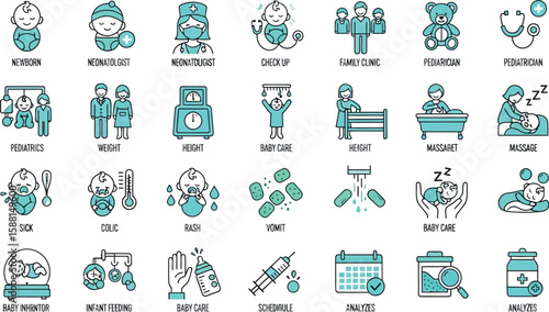 Infant healthcare icons depicting pediatric care services in a modern style