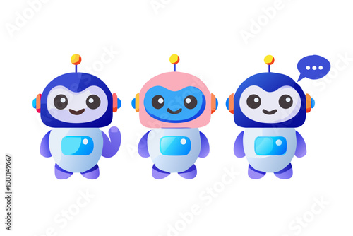 Three cute cartoon robots waving and talking isolated on transparent background isolated on white background